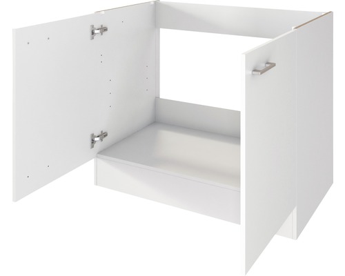 Weißer Waschtischunterschrank mit zwei offenen Türen.