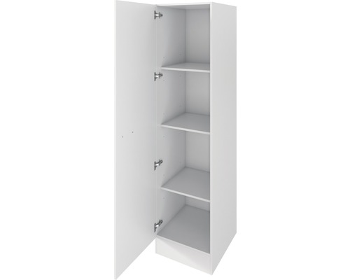 Armoire haute blanche avec porte ouverte et étagères.
