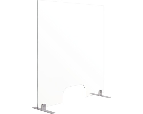 Protection transparente autoportante en verre avec base en métal