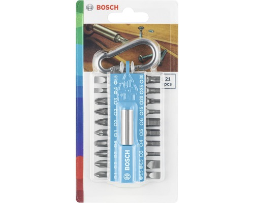 Logo Bosch. Jeu de 21 embouts de vissage avec support et mousqueton.