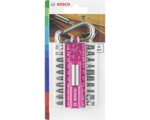 Logo Bosch. Jeu de 21 embouts de vissage avec emballage mousqueton.