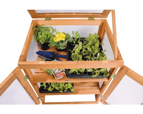 Hochbeet aus Holz mit Pflanzen, Setzlingen und Gartengeräten