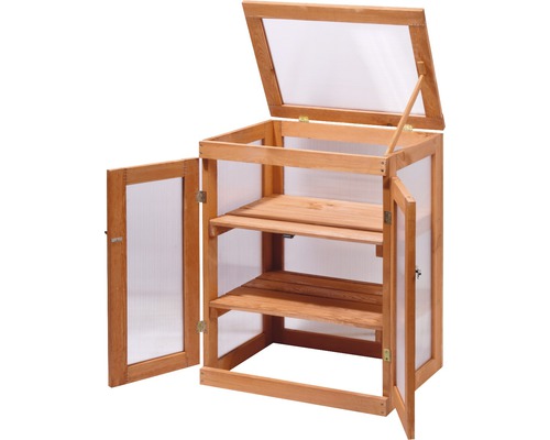 Gewächshaus aus Holz mit zwei Regalböden und zu öffnenden Türen und Dach