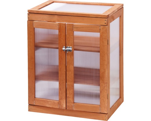 Kleines Gewächshaus aus Holz mit zwei Türen und Regalböden