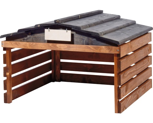 Holzkomposter mit Dach und Beschriftungsschild