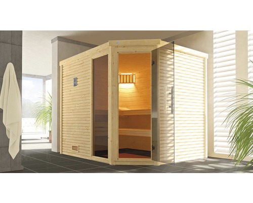 Sauna d'angle en bois massif Weka Cubilis 3 GTF avec poêle bio 7,5 kW et commande numérique, avec fenêtre et porte entièrement vitrée couleur graphite