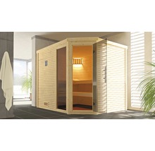 Massivholzsauna Weka Cubilis 3 Eck GTFO inkl. 7,5 kW Ofen u.digitaler Steuerung mit Fenster und graphitfarbeneer Ganzglastüre