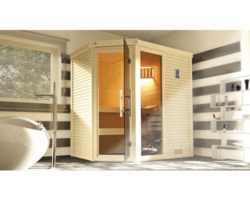 Massivholzsauna Weka Cubilis 2 Eck GTFO inkl. 7,5 kW Ofen u.digitaler Steuerung mit Fenster und graphitfarbiger Ganzglastüre Massivholzsauna Weka Cubilis 2 Eck GTFO inkl. 7,5 kW Ofen u.digitaler Steuerung mit Fenster und graphitfarbiger Ganzglastüre