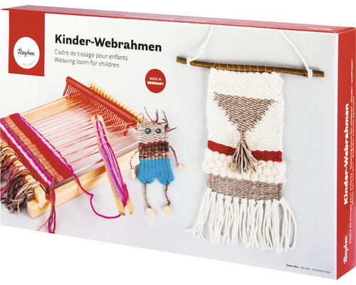 Kinderwebrahmen im Karton mit Webstuhl, Kamm, Schiffchen, Garn und Anleitung