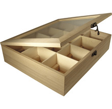 Offene Holzkiste mit acht Fächern und Glasdeckel