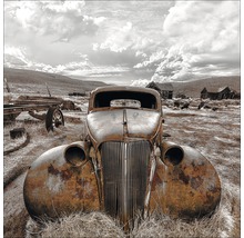 Frontansicht eines verrosteten Oldtimer-Autos in einer ländlichen Szene