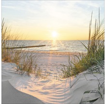 Strand mit Düne und Meer bei Sonnenuntergang