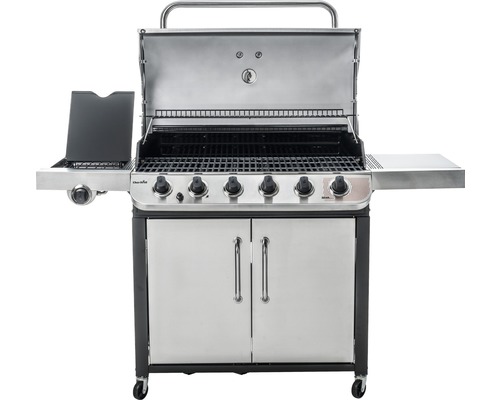 Grill mit offenem Deckel, fünf Brennern, Seitentisch und Unterschrank