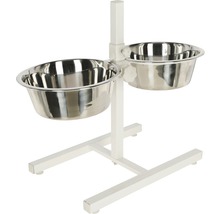 Höhenverstellbarer Hundenapf mit zwei Edelstahlschüsseln auf einem stabilen Gestell.
