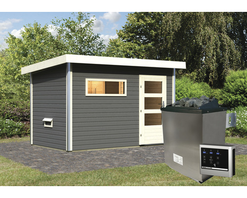 Außenansicht einer grauen Gartensauna mit Saunaofen