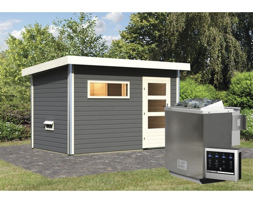 Sauna avec poêle de sauna dans le jardin