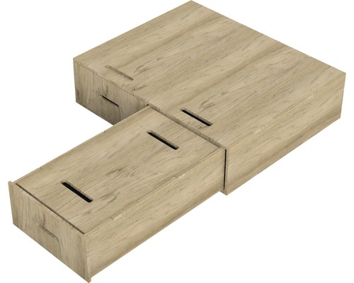 Holzfarbene Eckschublade mit Griffmulden