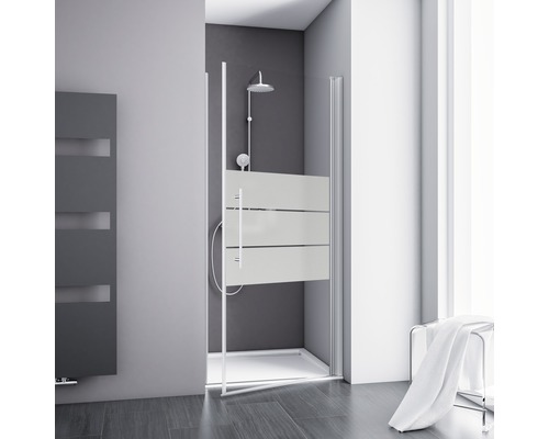 Duschtür in Nische mit Drehtür SCHULTE Alexa Style 2.0 ExpressPlus 80 cm Profil aluminium Glasdekor Depoli Light Badezimmer mit Duschkabine mit Milchglaselementen, Duschkopf und Handtuchwärmer