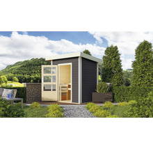 Sauna de jardin en bois avec porte en verre dans un jardin