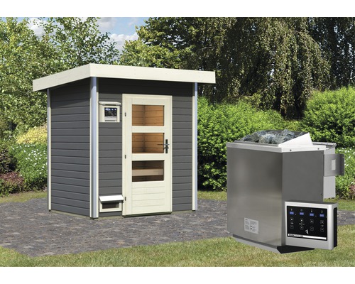 Chalet sauna Karibu Opal 1 avec poêle bio 9 kW et commande externe, avec porte en bois avec verre transparent gris terre cuite/blanc-0