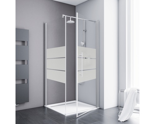 Porte de douche avec paroi latérale avec porte pivotante SCHULTE Alexa Style 2.0 ExpressPlus 80 x 80 cm couleur du profilé aluminium décor de vitre depoli light avec verre antitache poignée barre Douche d''angle avec bandes horizontales dans une salle de bain