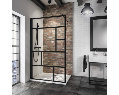 Douche à l'italienne SCHULTE Alexa Style 2.0 Black Style ExpressPlus 120 cm couleur du profilé noir décor de vitre atelier butée de paroi latérale à gauche butée de paroi latérale à droite