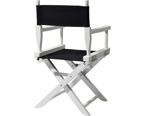 Regiestuhl mit schwarzer Sitzfläche und Rückenlehne, weißes Holzgestell