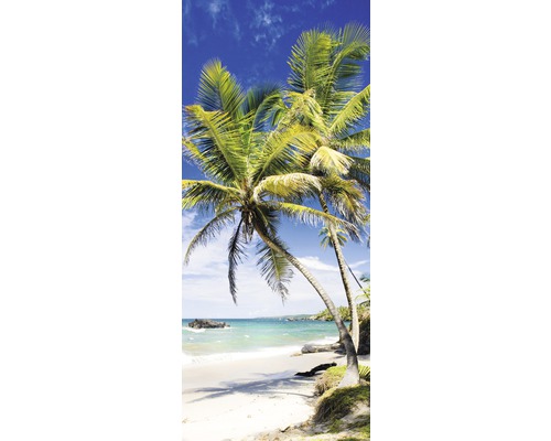 Papier peint photo avec des palmiers sur la plage sous un ciel bleu