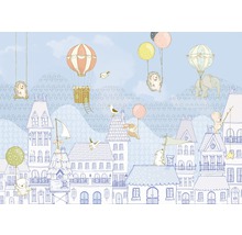 Illustration d''un paysage urbain avec des animaux dans des ballons et des montgolfières