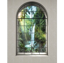 Fenêtre décorative avec vue sur une cascade dans la jungle