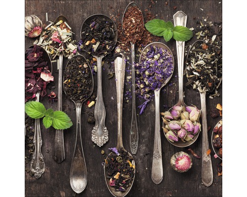 Glasbild Gewürzkreation VI 30x30 cm Verschiedene Teesorten in silbernen Löffeln auf dunklem Holzgrund