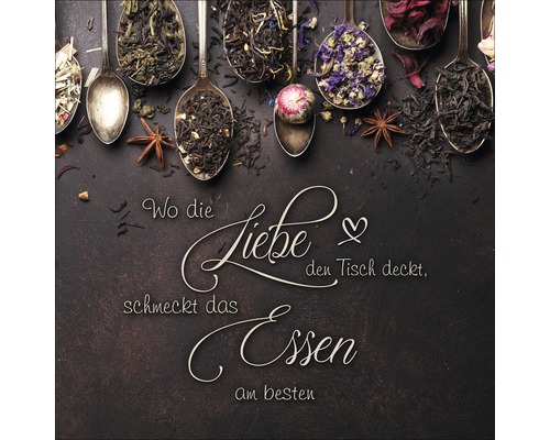Arrangement décoratif de différentes sortes de thé dans des cuillères avec l''inscription : Là où l''amour met la table, la nourriture a le meilleur goût