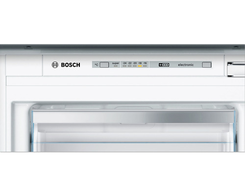 Logo Bosch. Intérieur d''un congélateur avec affichage de la température.