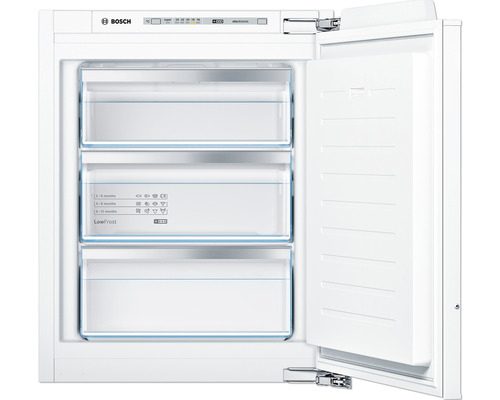 Congélateur intégrable blanc ouvert avec trois tiroirs de congélation et le logo Bosch