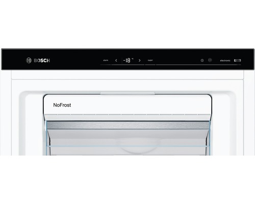 Vue intérieure d''un congélateur avec fonction NoFrost et affichage électronique de la température de Bosch