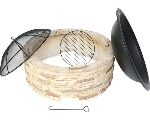 Feuerstelle mit Funkenschutzgitter, Grillrost, Abdeckung und Schürhaken