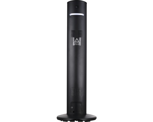 Schwarze Heizsäule für den Außenbereich mit Warnhinweis vor heißen Oberflächen