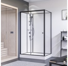 Cabine de douche avec cadre noir et système de douche dans une salle de bain moderne.