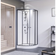 Cabine de douche d''angle avec robinetterie dans une salle de bain