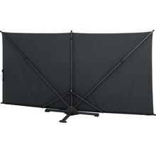 Rückansicht eines rechteckigen Sichtschutzes mit Metallrahmen und Fuß