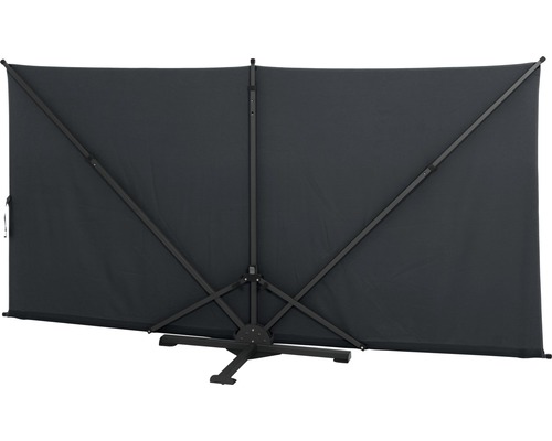 Rückansicht eines rechteckigen Sichtschutzes mit Metallrahmen und Fuß