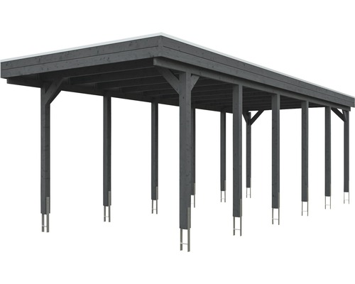Carport en bois avec plusieurs poteaux et toit plat
