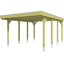 Carport simple SKAN HOLZ Friesland avec film d'étanchéité pour toiture en EPDM et ancrage pour poteaux H 397 x 555 cm imprégné