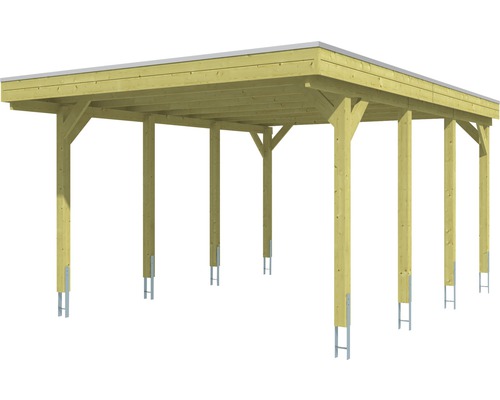 Carport en bois avec piliers de soutien et toit en métal