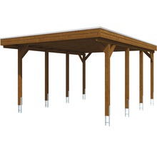 Carport simple SKAN HOLZ Friesland avec film d'étanchéité pour toiture en EPDM et ancrage pour poteaux H 397 x 555 cm noyer