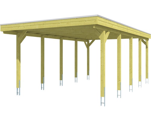 Carport en bois avec toit plat et supports en acier