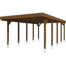 Carport simple SKAN HOLZ Friesland avec panneaux de toiture en aluminium et ancrage pour poteaux H 397 x 708 cm noyer