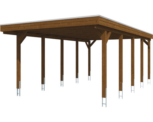 Carport en bois avec toit plat et supports en acier