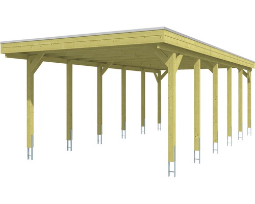 Carport en bois avec toit plat et ancrages de poteaux en acier