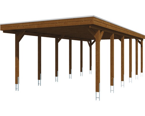 Carport en bois avec toit plat et ancrages de poteaux en acier